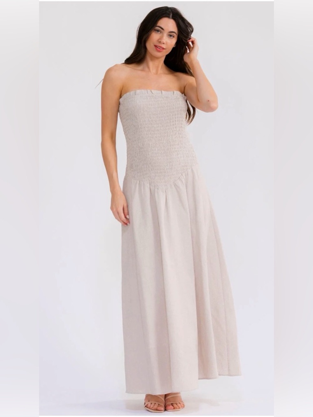 A407. Strapless Smocked Maxi Dress in Light Beige